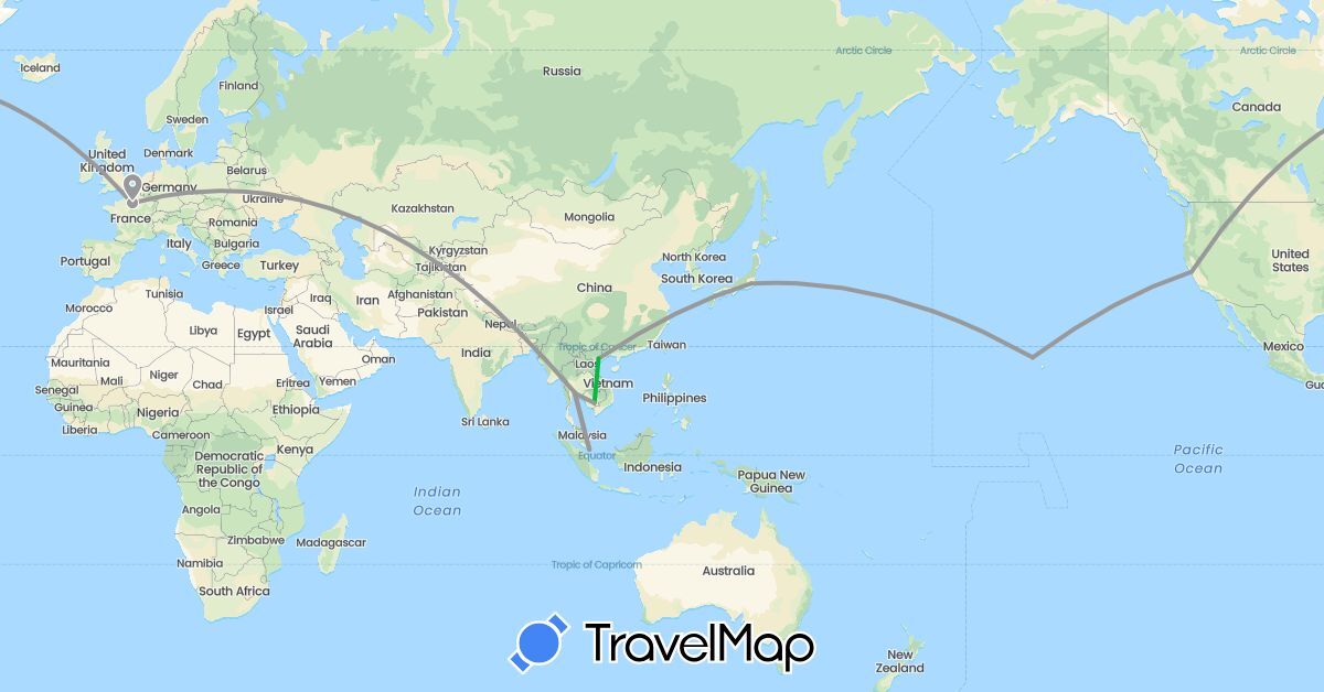 TravelMap itinerary: driving, bus, plane in France, Japan, Cambodia, Singapore, Thailand, United States, Vietnam (Asia, Europe, North America)